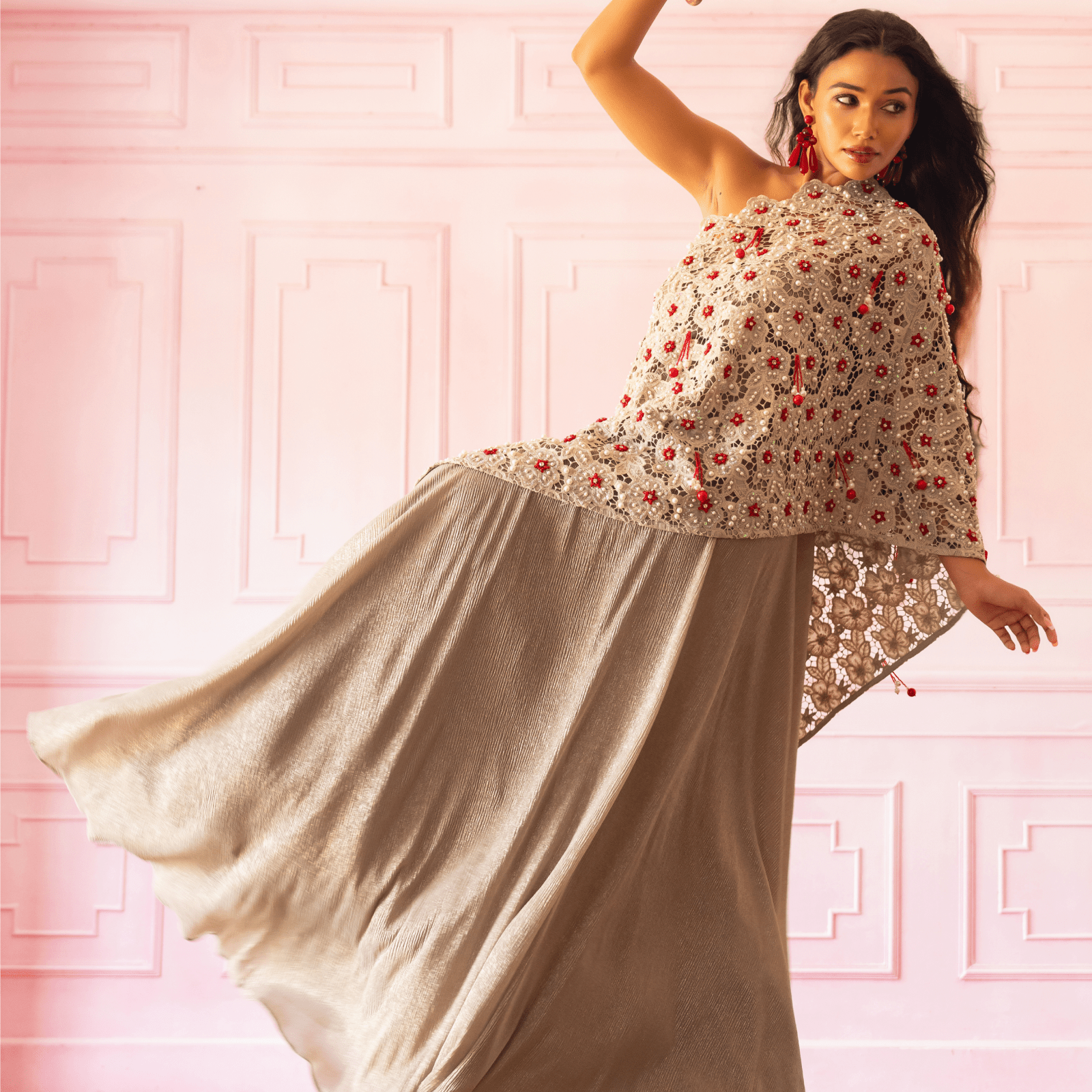 NARAYANI-Cutwork Cape Palazzo Set — view 3