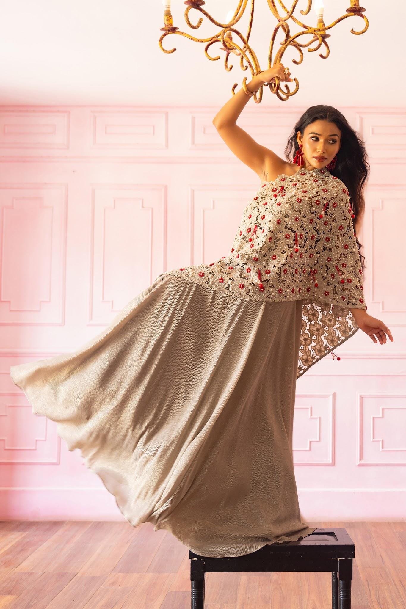 NARAYANI-Cutwork Cape Palazzo Set