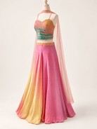 Pink ombré rental lehenga set with embellished multicolor blouse and sheer blush dupatta, size M/L