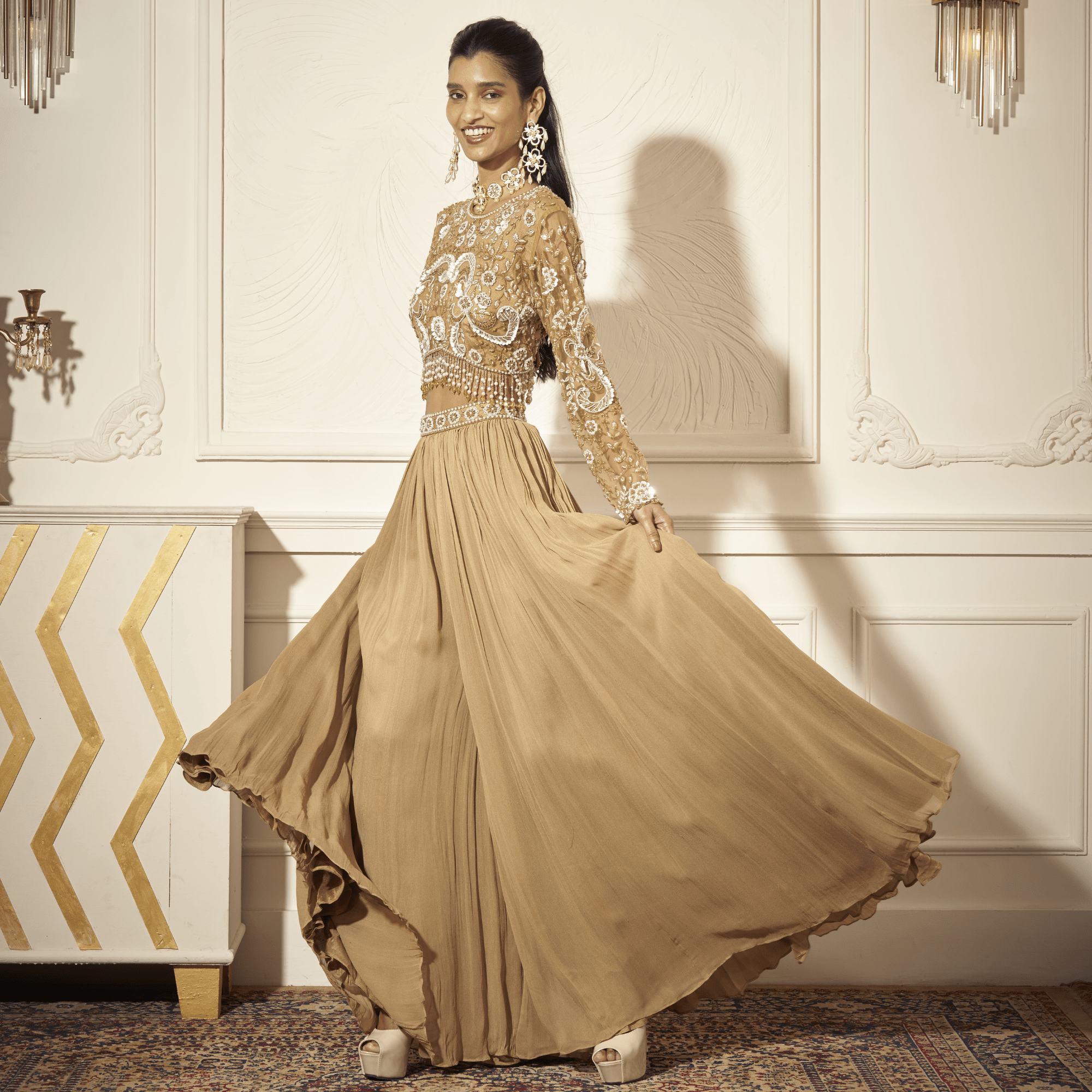 Pleated Palazzos, Embroidered Blouse — view 1