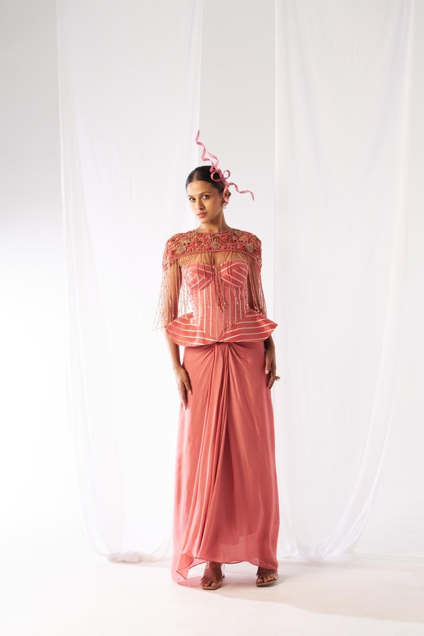 Prasanna- Draped skirt, cape and corset set