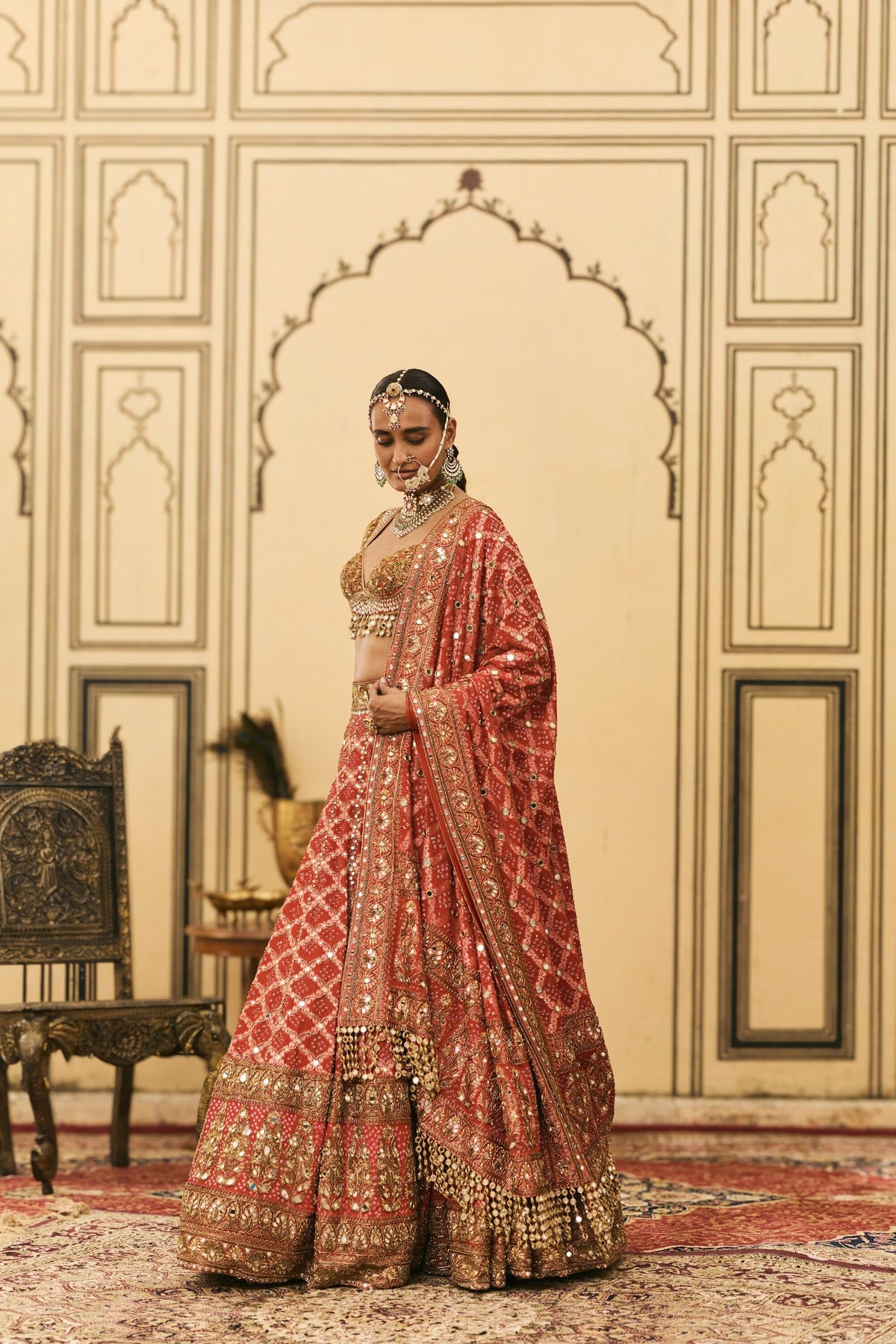 Red Bandhani Lehenga Set by ITRH