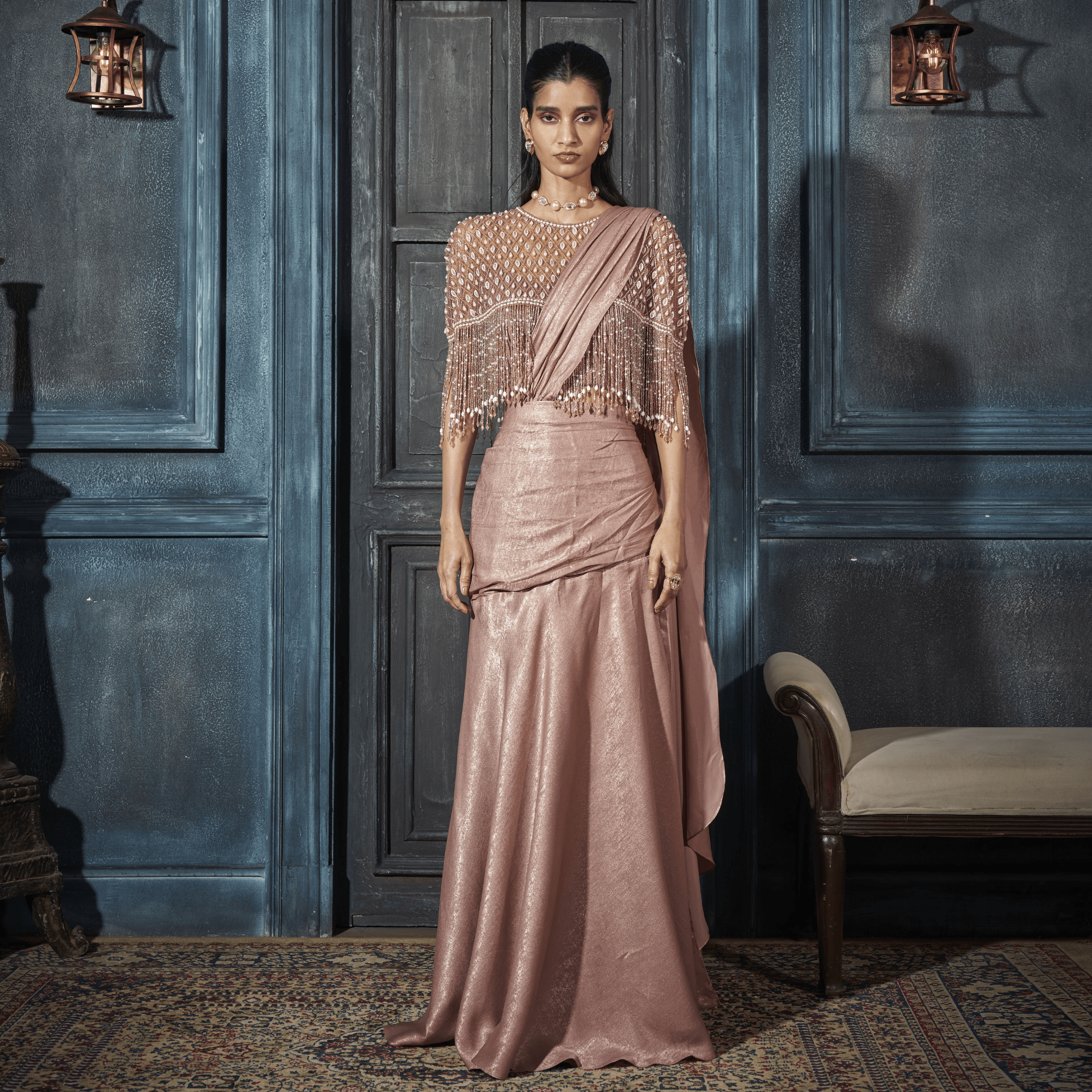Embroidered Cape, Draped Saree, Bustier — view 4