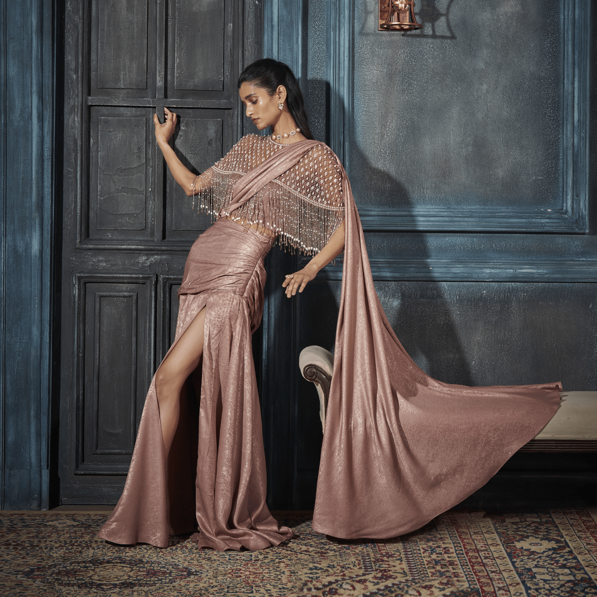 Embroidered Cape, Draped Saree, Bustier — view 1