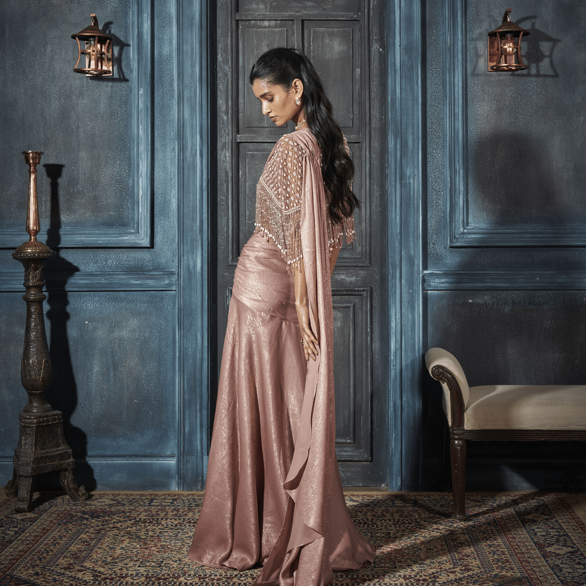 Embroidered Cape, Draped Saree, Bustier — view 3
