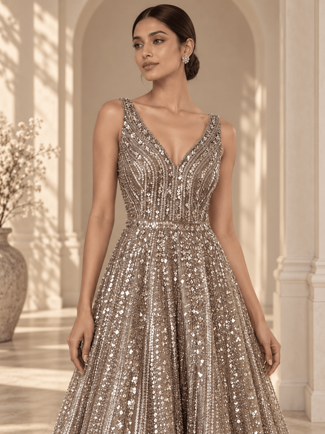 AI-styled editorial view of Seema Gujral champagne silver embellished gown