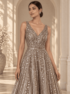 AI-styled editorial view of Seema Gujral champagne silver embellished gown