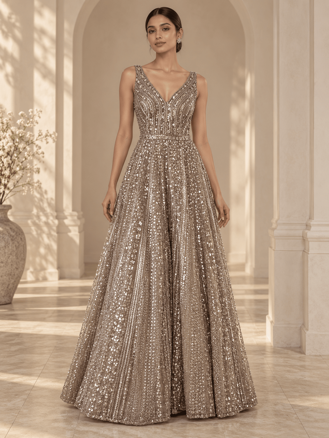 AI-styled editorial view of Seema Gujral champagne silver embellished gown
