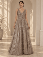 AI-styled editorial view of Seema Gujral champagne silver embellished gown
