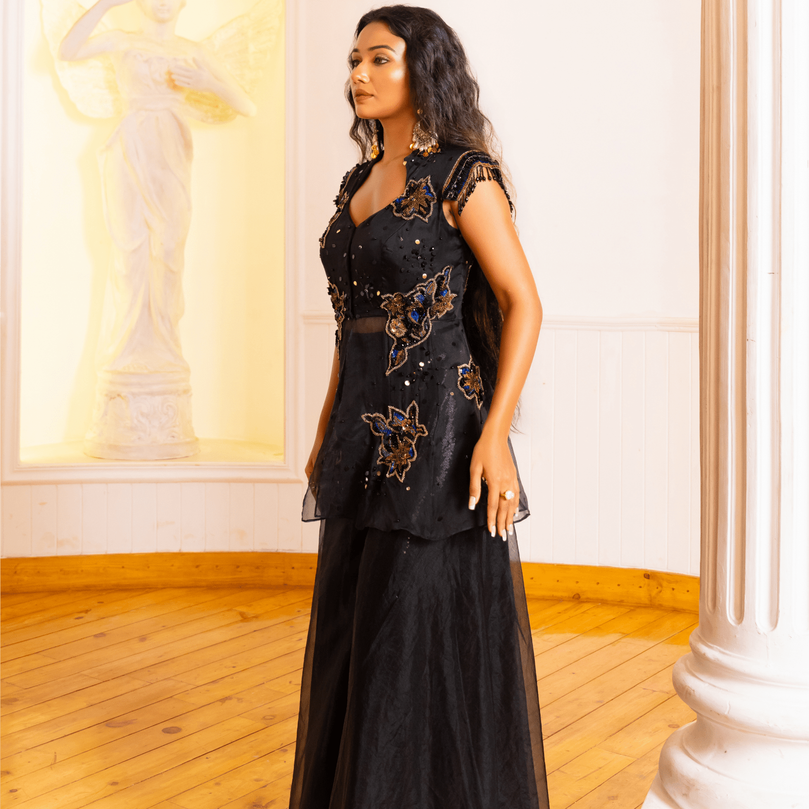 SHARVANI-Embroidered Peplum Sharara Set — view 3