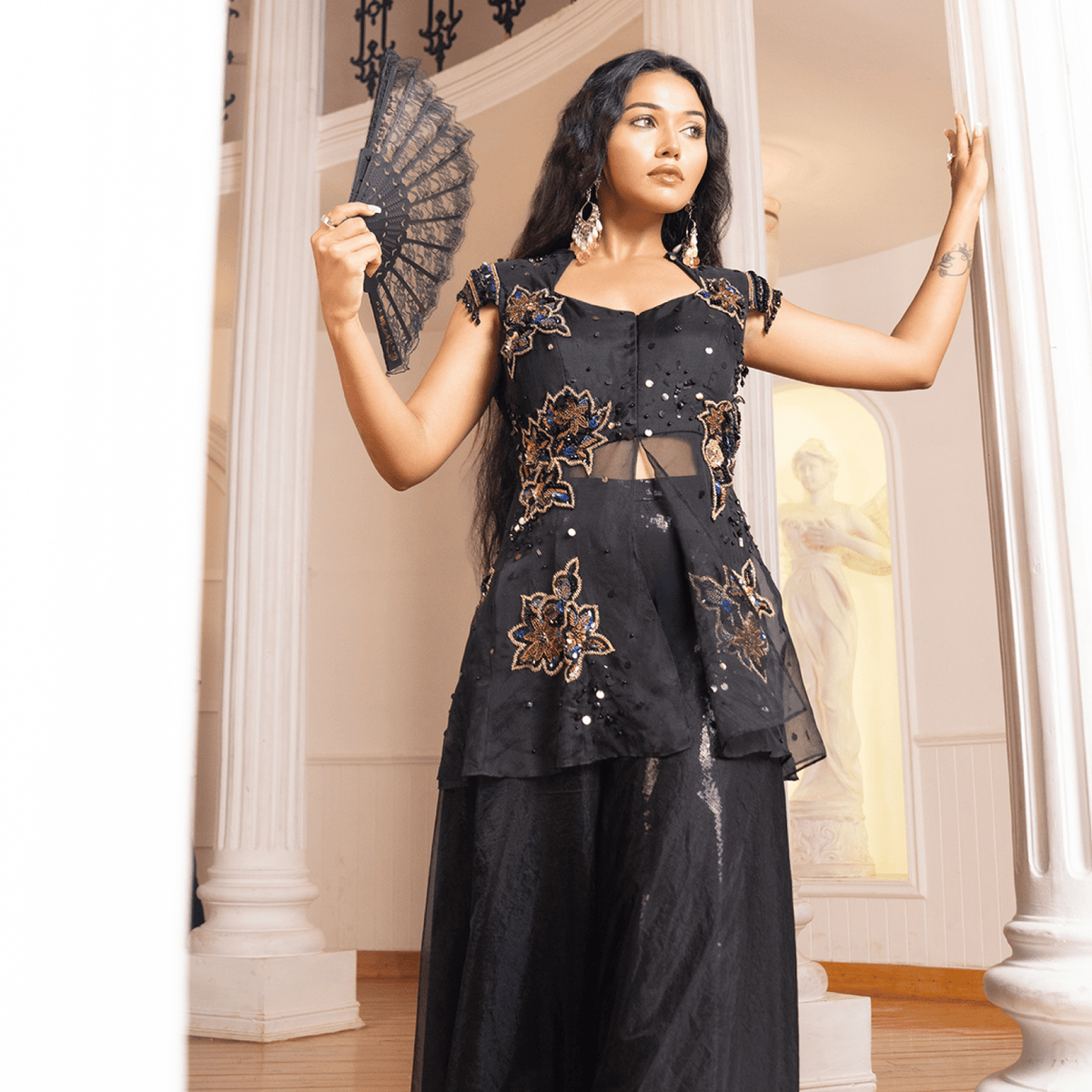SHARVANI-Embroidered Peplum Sharara Set — view 2