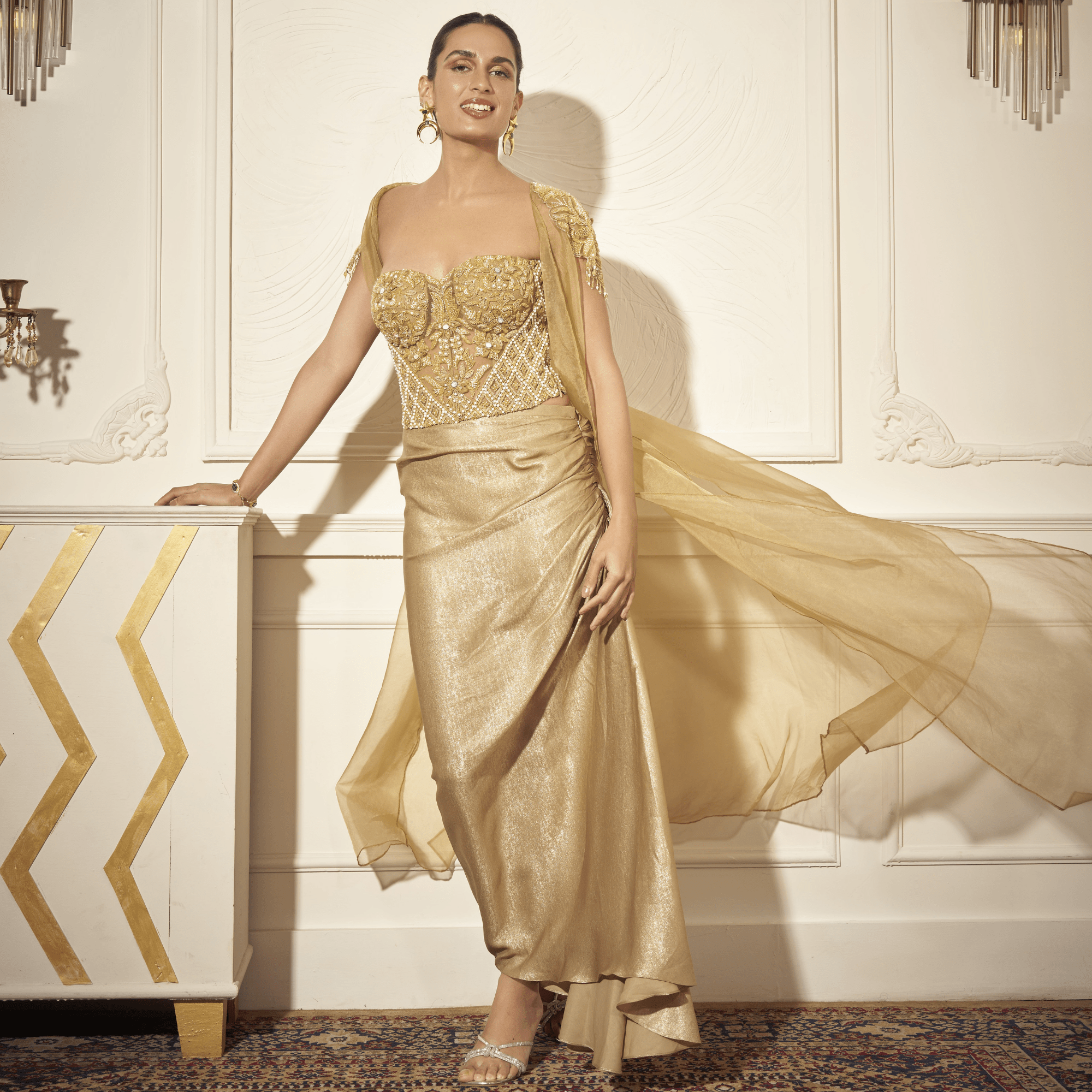 Side Draped Skirt, Embroidered Corset, Long Cape — view 1