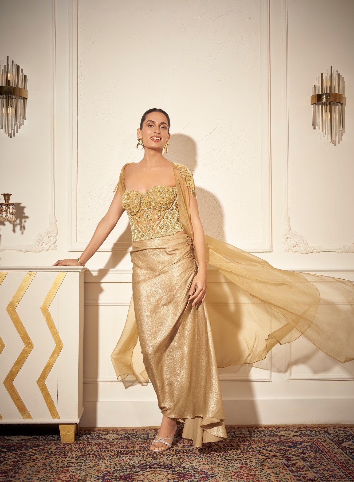 Side Draped Skirt, Embroidered Corset, Long Cape