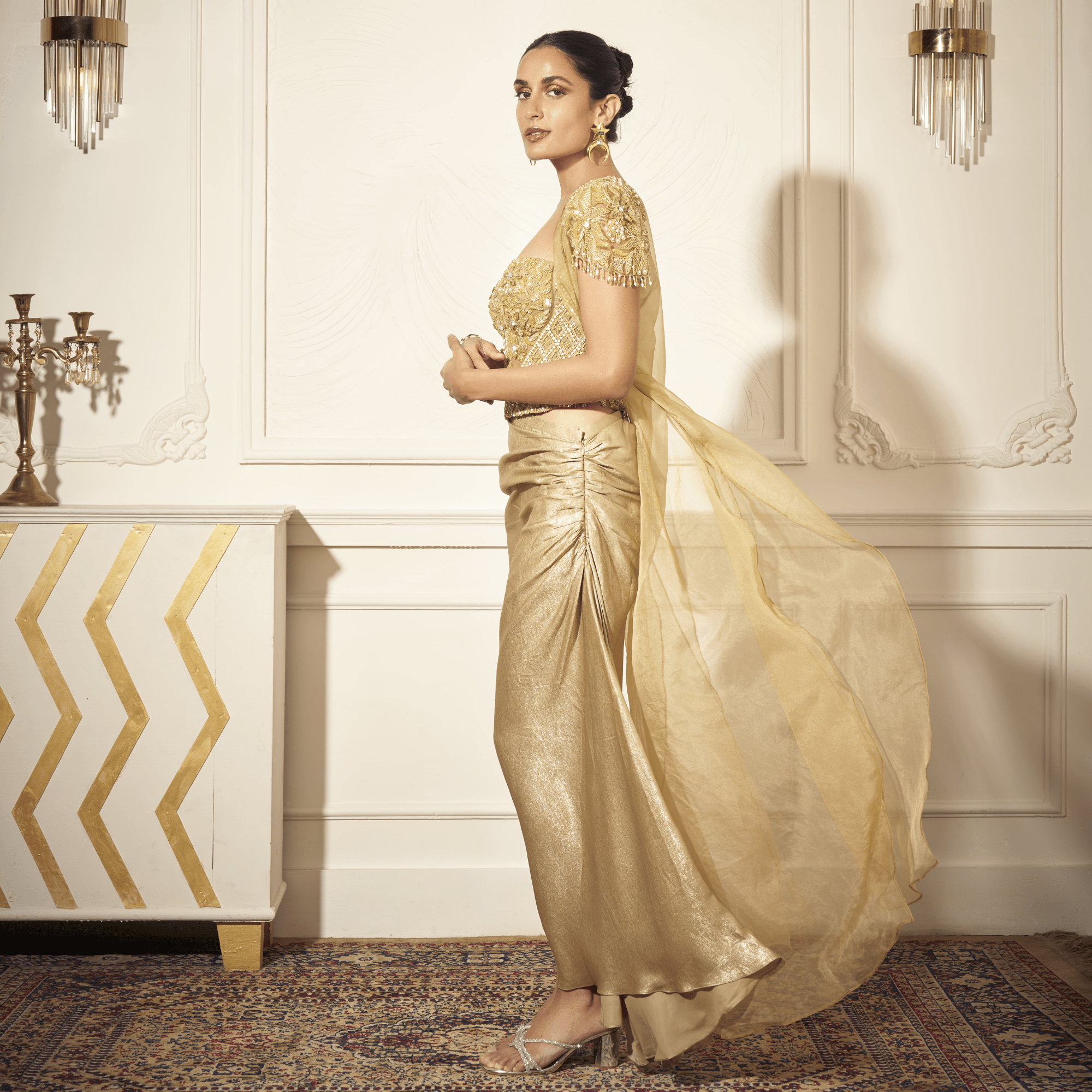 Side Draped Skirt, Embroidered Corset, Long Cape — view 3