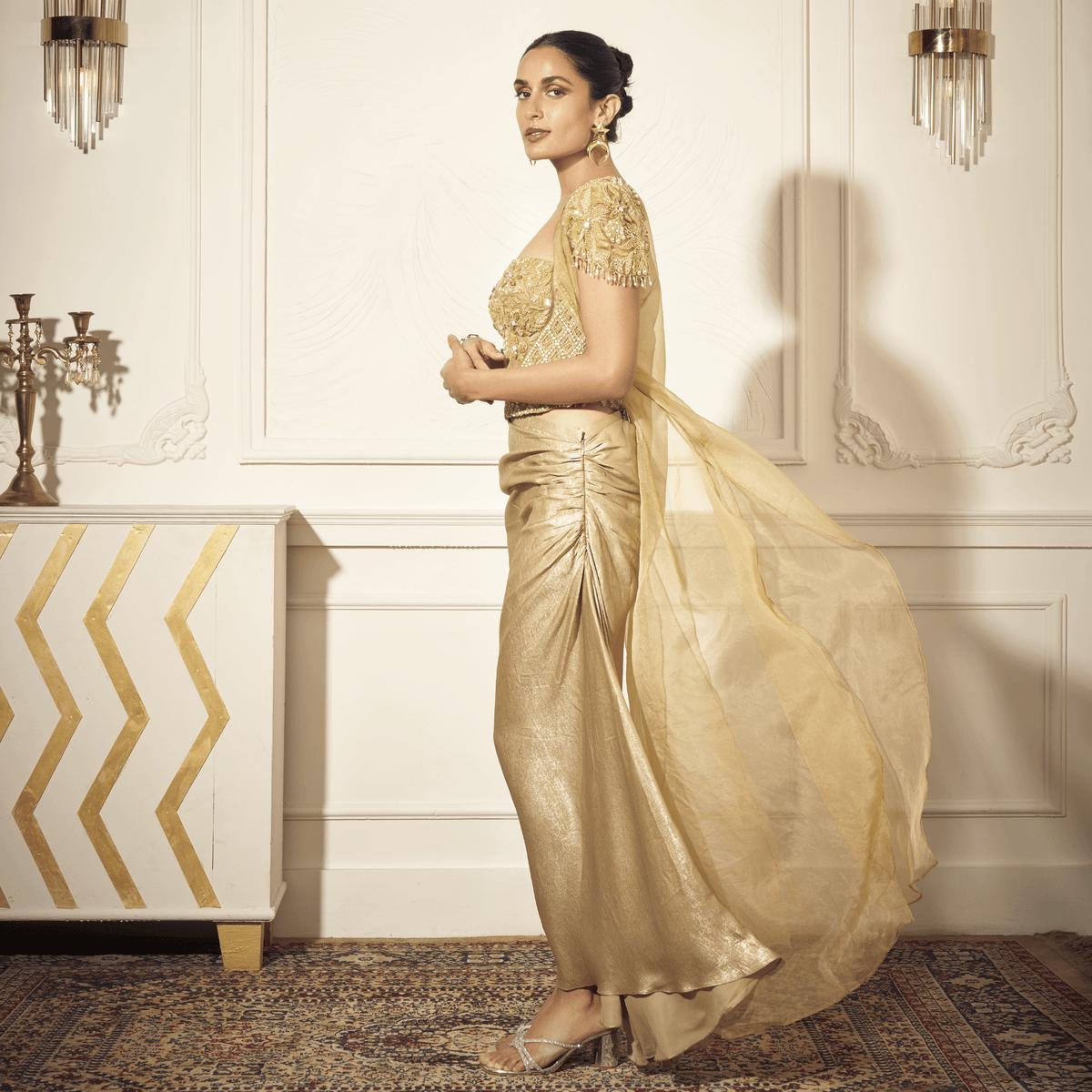 Side Draped Skirt, Embroidered Corset, Long Cape — view 3
