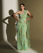 Sienna by KIYOHRA – aqua floral printed and embroidered saree set, view 3