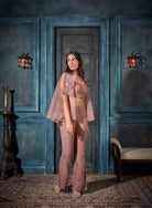 Slit sleeve Cape, Bustier, Boot-cut Pants
