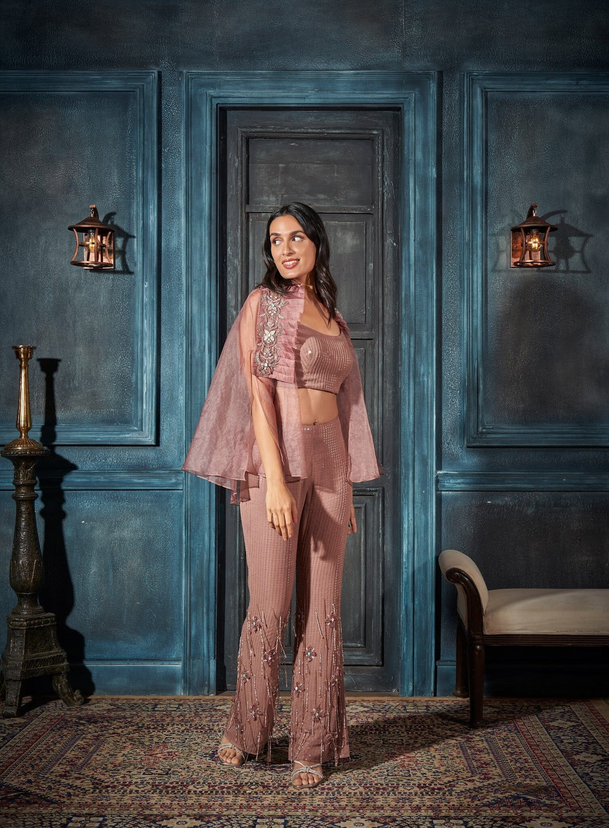 Slit sleeve Cape, Bustier, Boot-cut Pants