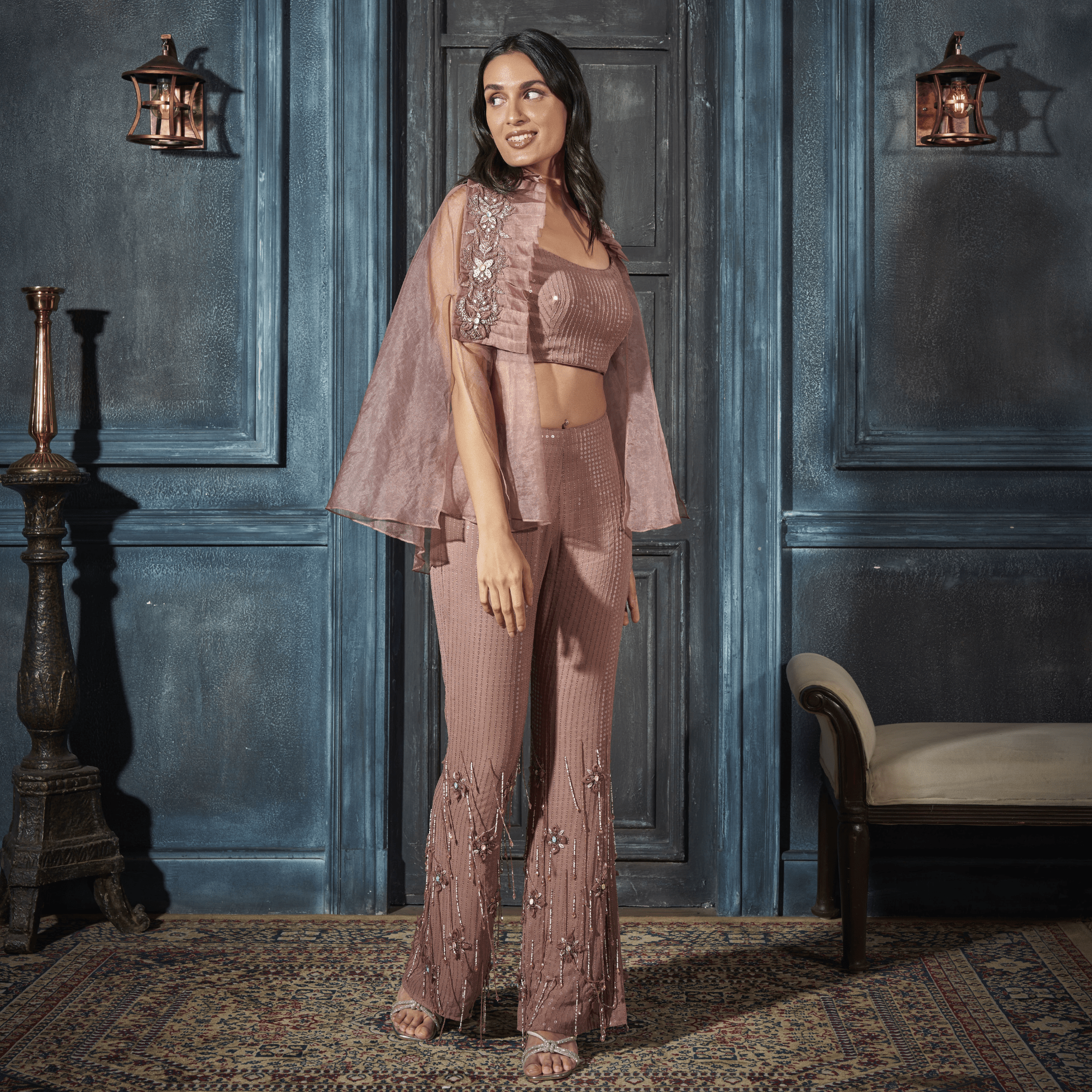 Slit sleeve Cape, Bustier, Boot-cut Pants — view 1