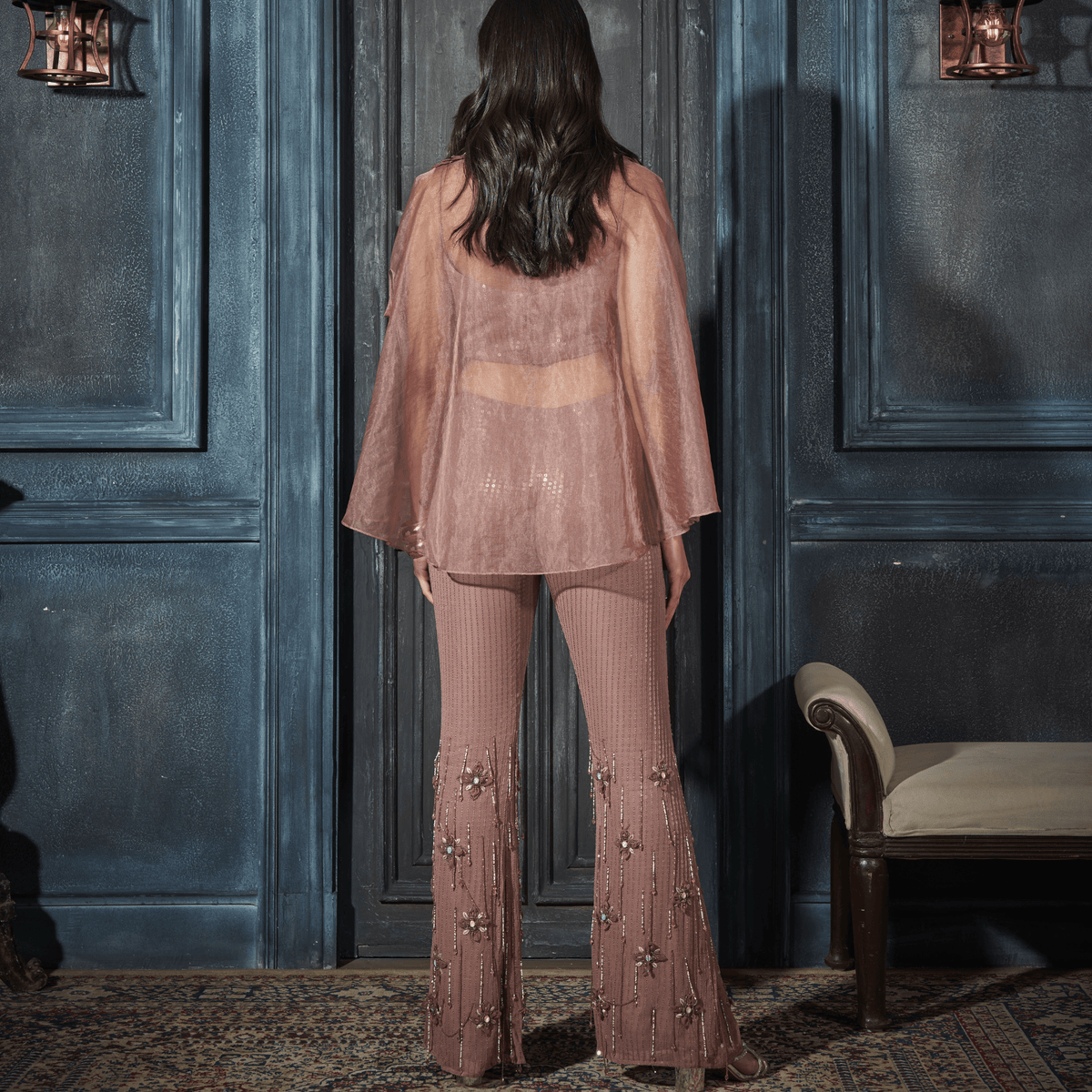 Slit sleeve Cape, Bustier, Boot-cut Pants — view 3