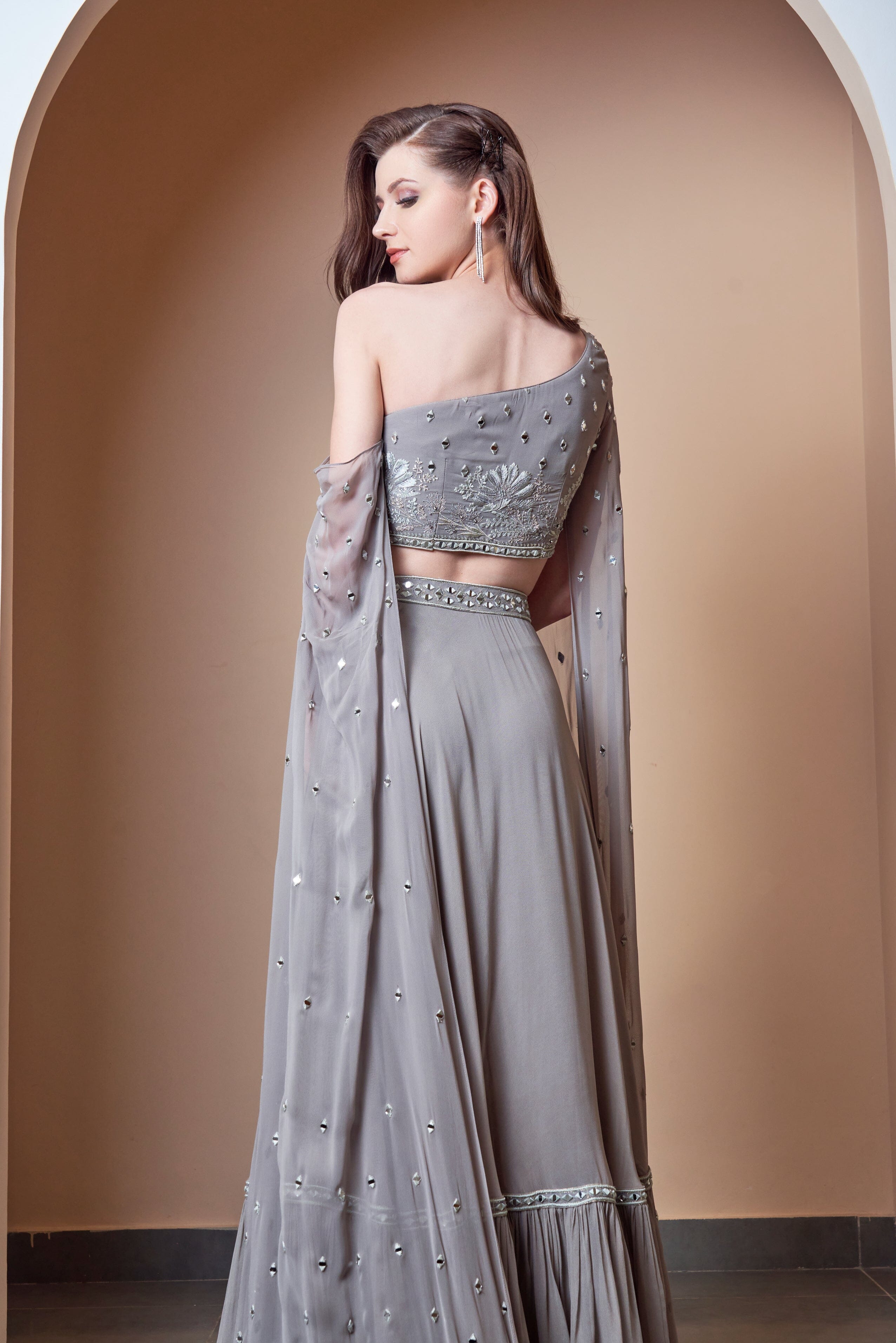 Black and Grey Lehenga Set | Grey lehenga, Silk taffeta, Lehenga