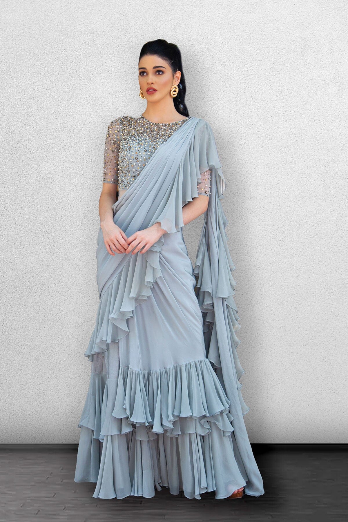 Saree : Grey georgette designer ruffle saree with handwork ...