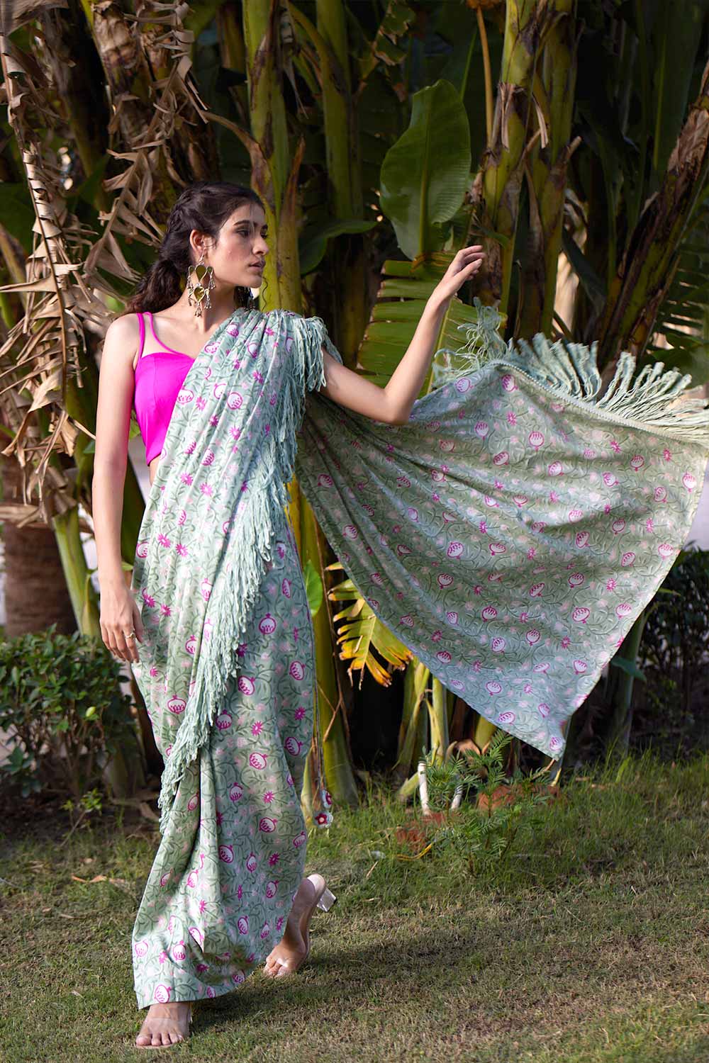 Drape Saree With Frill And Flares On Skirt Styled With Blouse for women by  Mandira Wirk