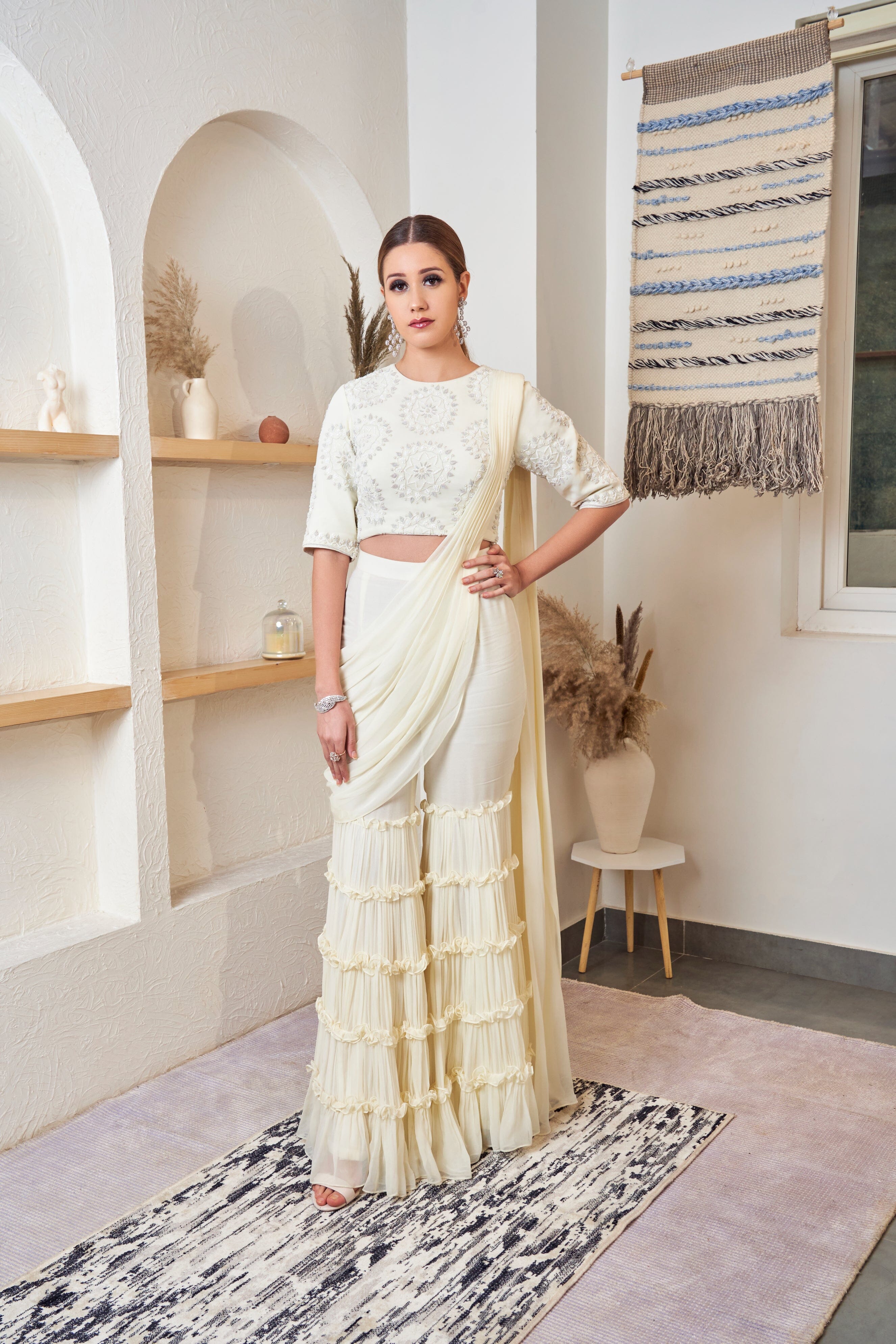 Buy Peach Sharara Saree With Floral Embellished Blouse And Ruffle Drape