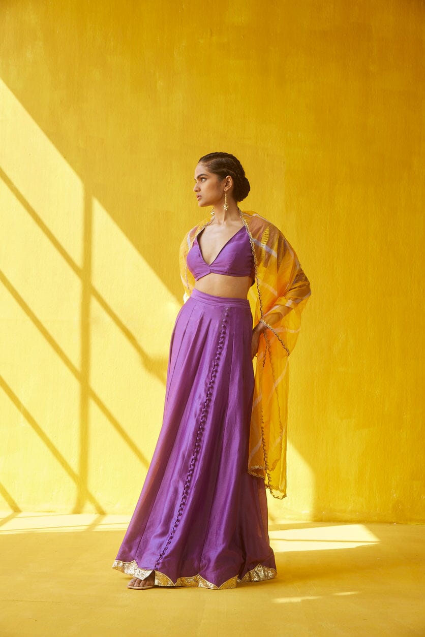 Buy Pink Ethnic Purple Banarasi Semi Stitched Lehenga & Unstitched Blouse  with Dupatta (Set of 3) online
