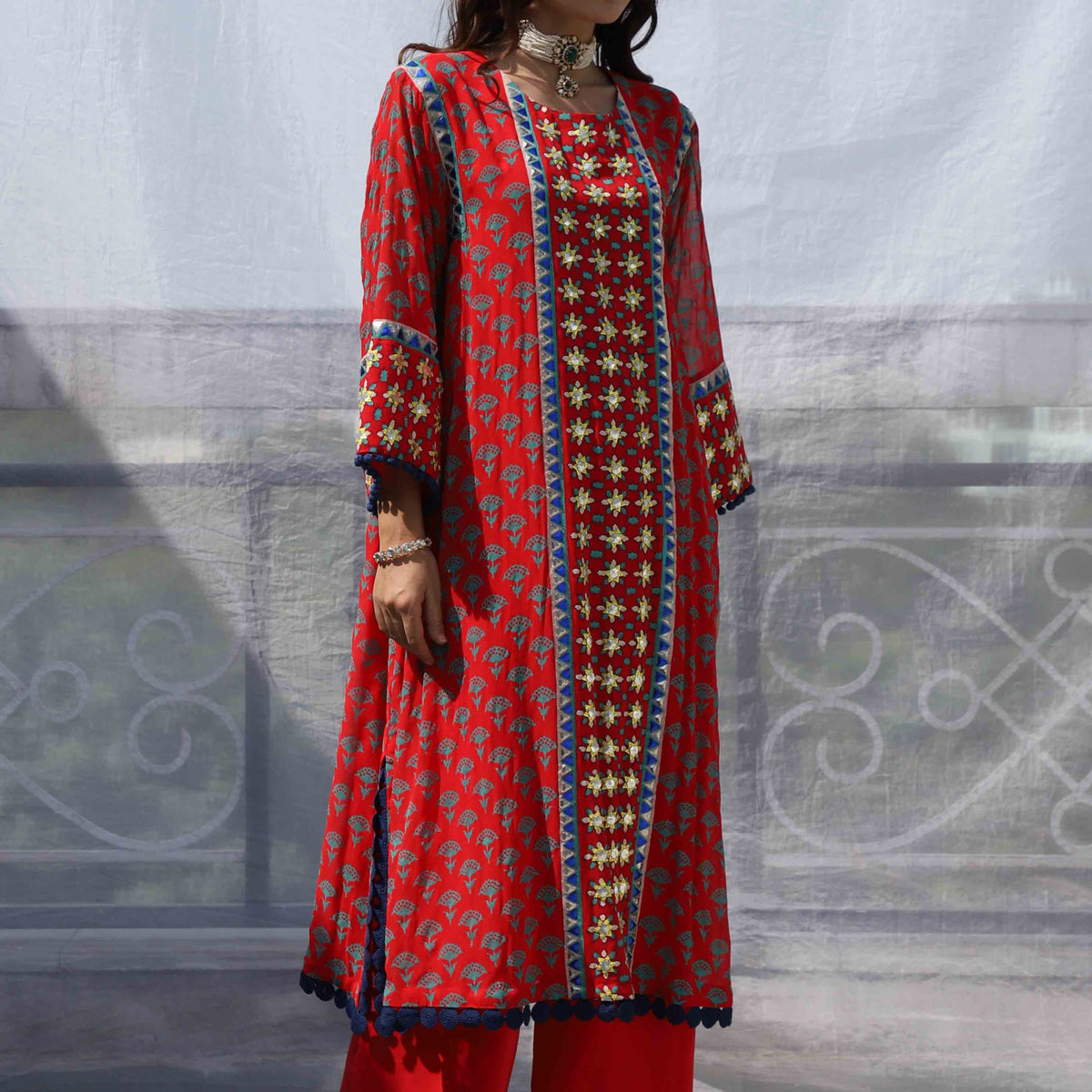 Red Geometric Choga Set – shopnavaa