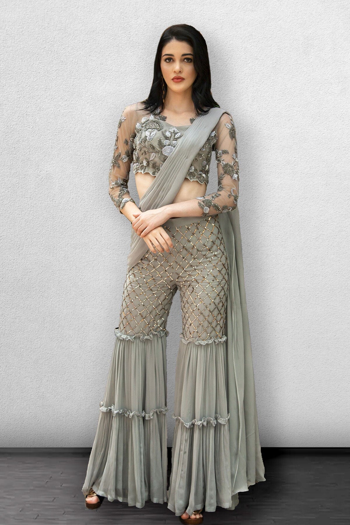 Steel Grey Crop Top With Sharara Pants and Dupatta  JADE BY ASHIMA   3856730